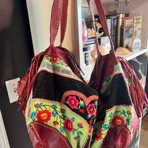 Wabags Boho Leather Embroidered Fringe Shoulder Bag - Red and Black